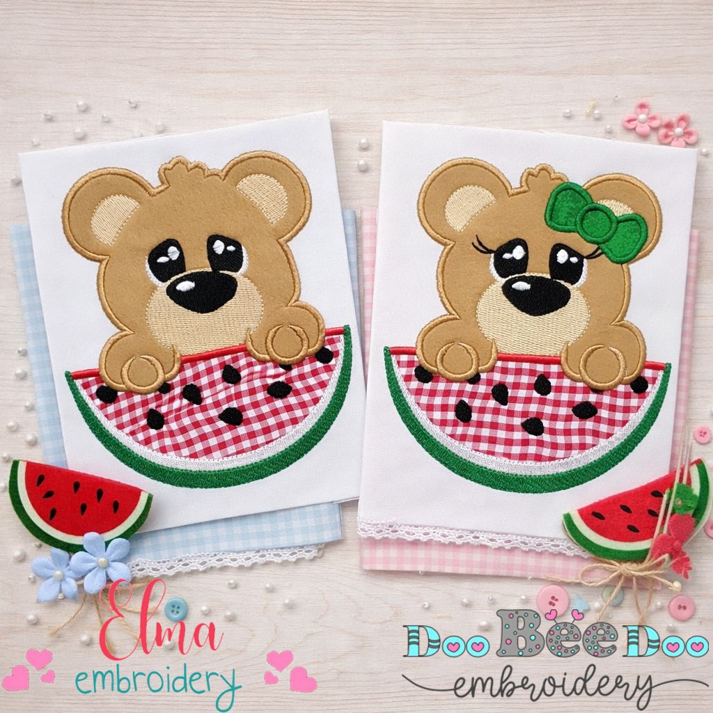 Sweet Bear Watermelon Duo – Appliqué – Machine Embroidery Design