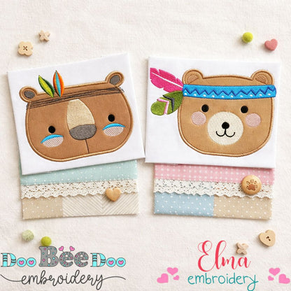 Boho Bear Face Set – Appliqué – Machine Embroidery Design