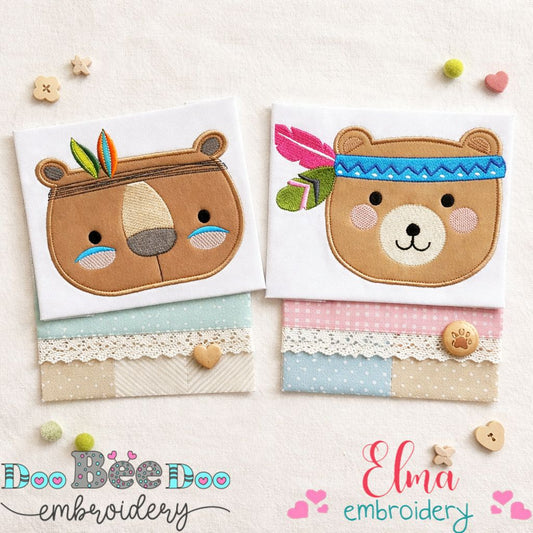 Boho Bear Face Set – Appliqué – Machine Embroidery Design