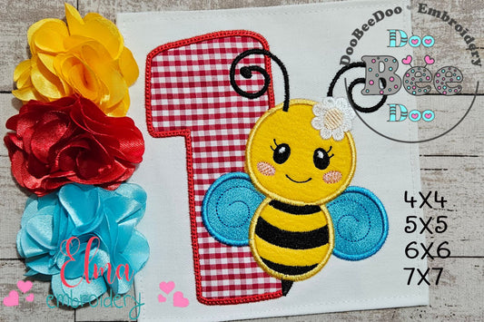🐝 Number 1 with Cute Bumblebee – Applique – Machine Embroidery Design 🐝