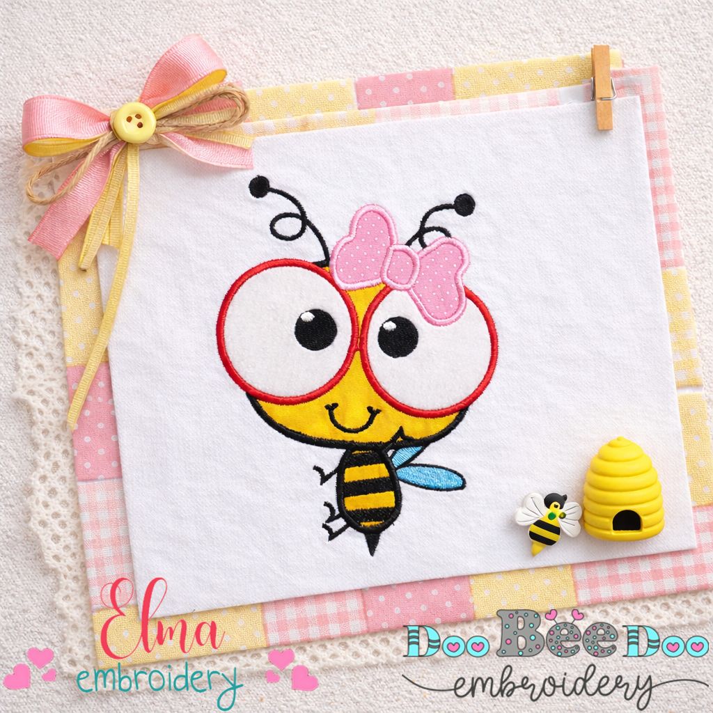 Cute Bee Girl with Glasses - Appliqué - Machine Embroidery Design