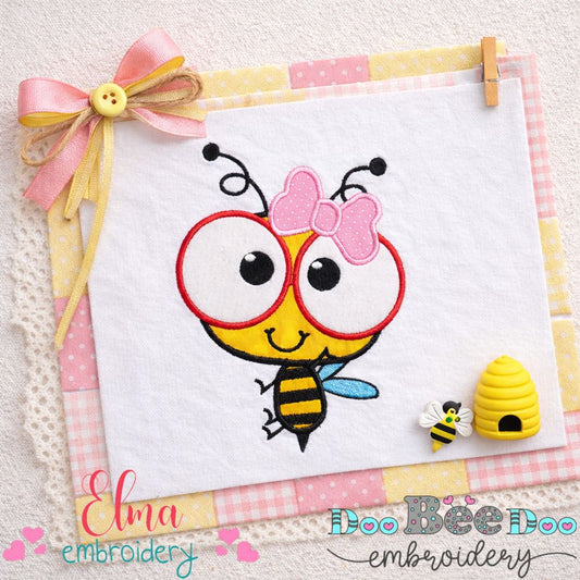 Cute Bee Girl with Glasses - Appliqué - Machine Embroidery Design