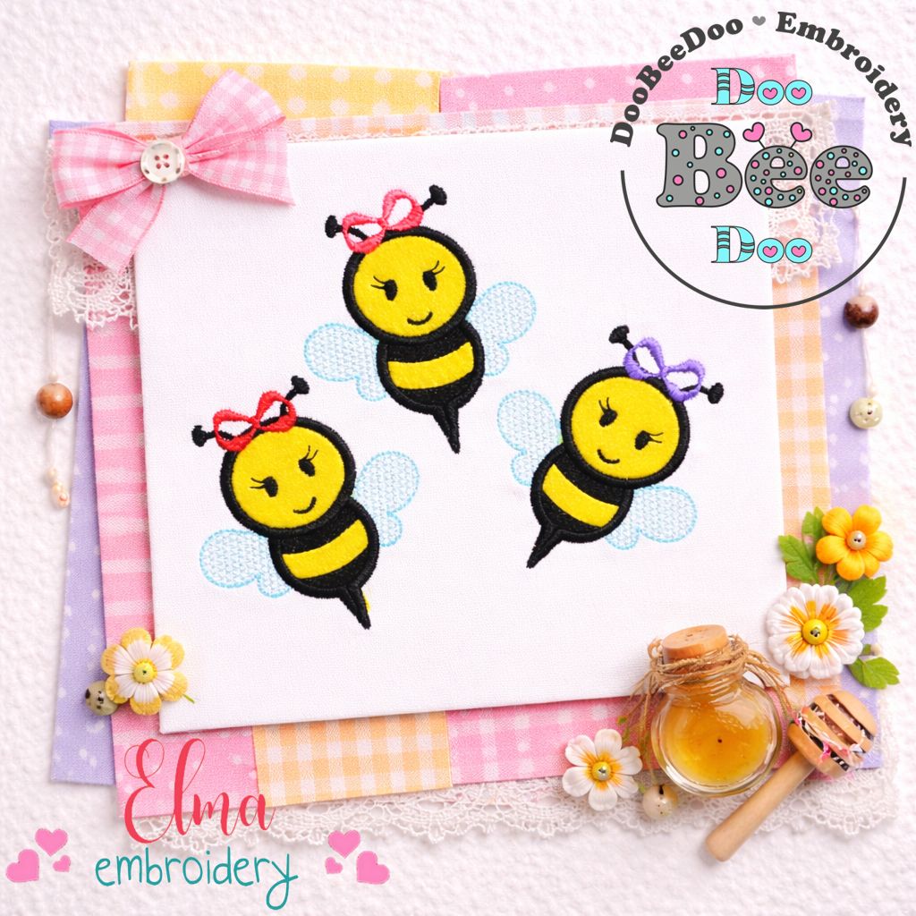 Three Bumble Bee Girls – Appliqué – Machine Embroidery Design