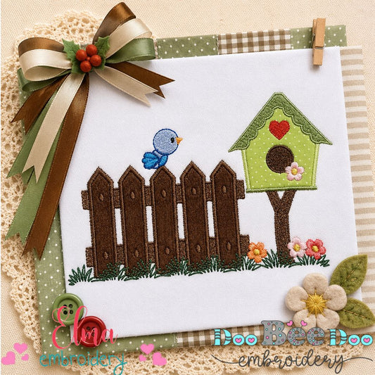 Sweet Birdhouse Garden Scene - Applique – Machine Embroidery Design