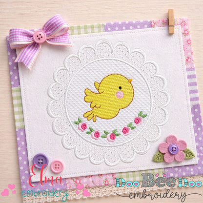 Sweet Little Bird in Lace Frame – Appliqué - Machine Embroidery Design