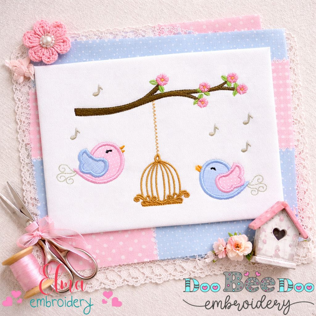 Birds and Bird Cage – Appliqué – Machine Embroidery Design