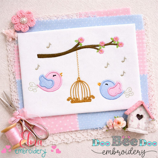 Birds and Bird Cage – Appliqué – Machine Embroidery Design
