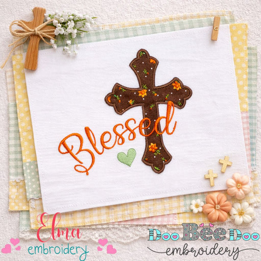 Blessed Cross with Floral Details – Appliqué – Machine Embroidery Design