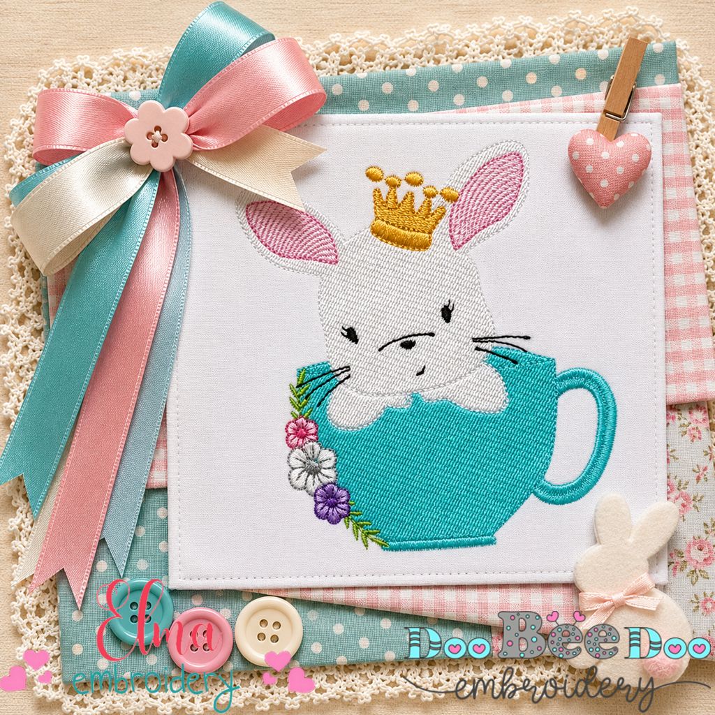 Royal Bunny in Teacup - Fill Stitch - Machine Embroidery Design