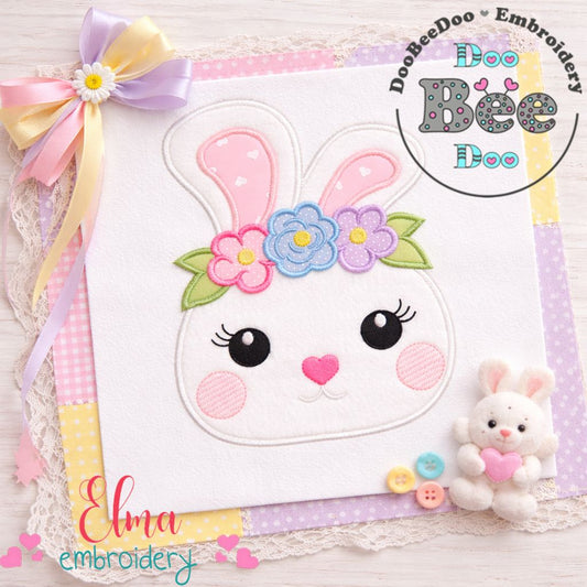 Floral Bunny Girl Face - Applique Stitch - Machine Embroidery Design