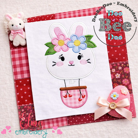 Bunny Flowers Hot Air Balloon – Appliqué – Machine Embroidery Design