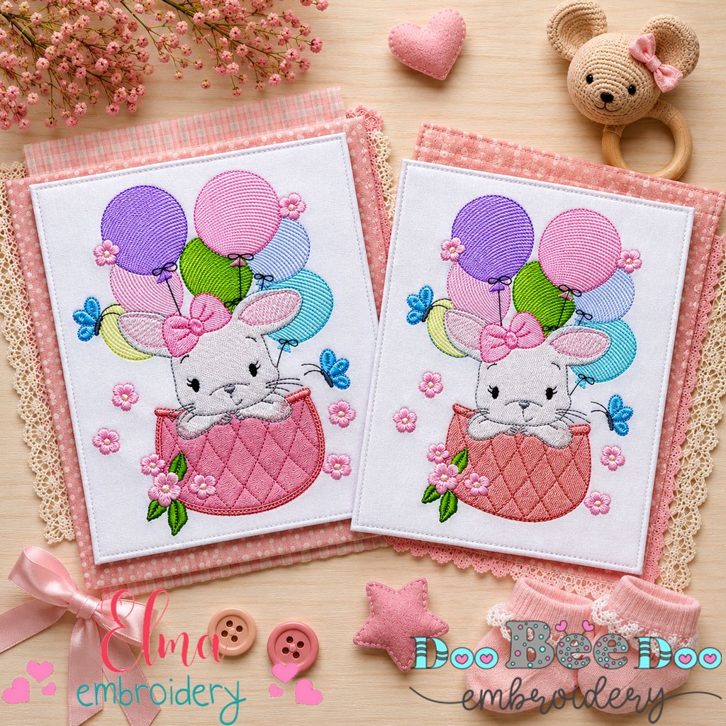 Cute Bunny Hot Air Balloon – Appliqué & Fill Stitch – Machine Embroidery Design