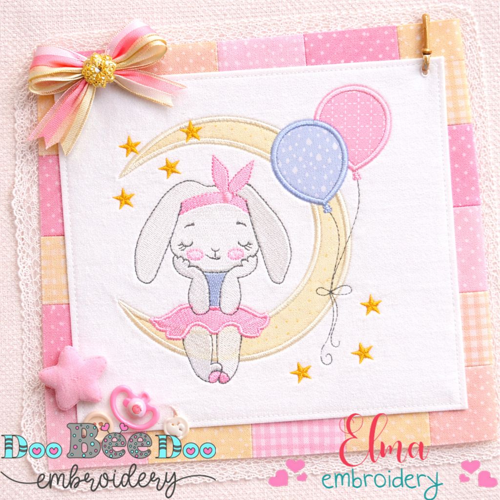 Sweet Bunny Girl on the Moon - Appliqué - Machine Embroidery Design