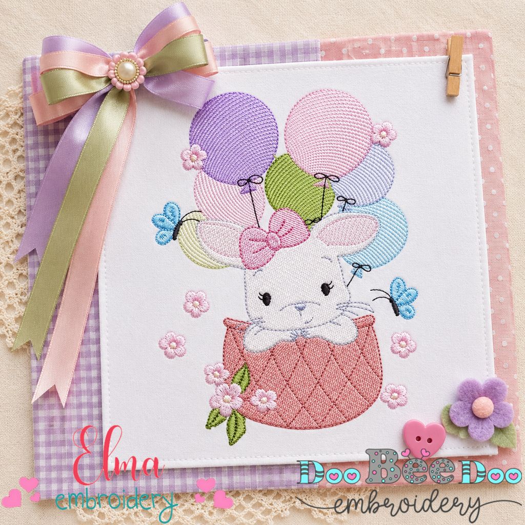 Sweet Bunny Balloon Adventure - Fill Stitch - Machine Embroidery Design