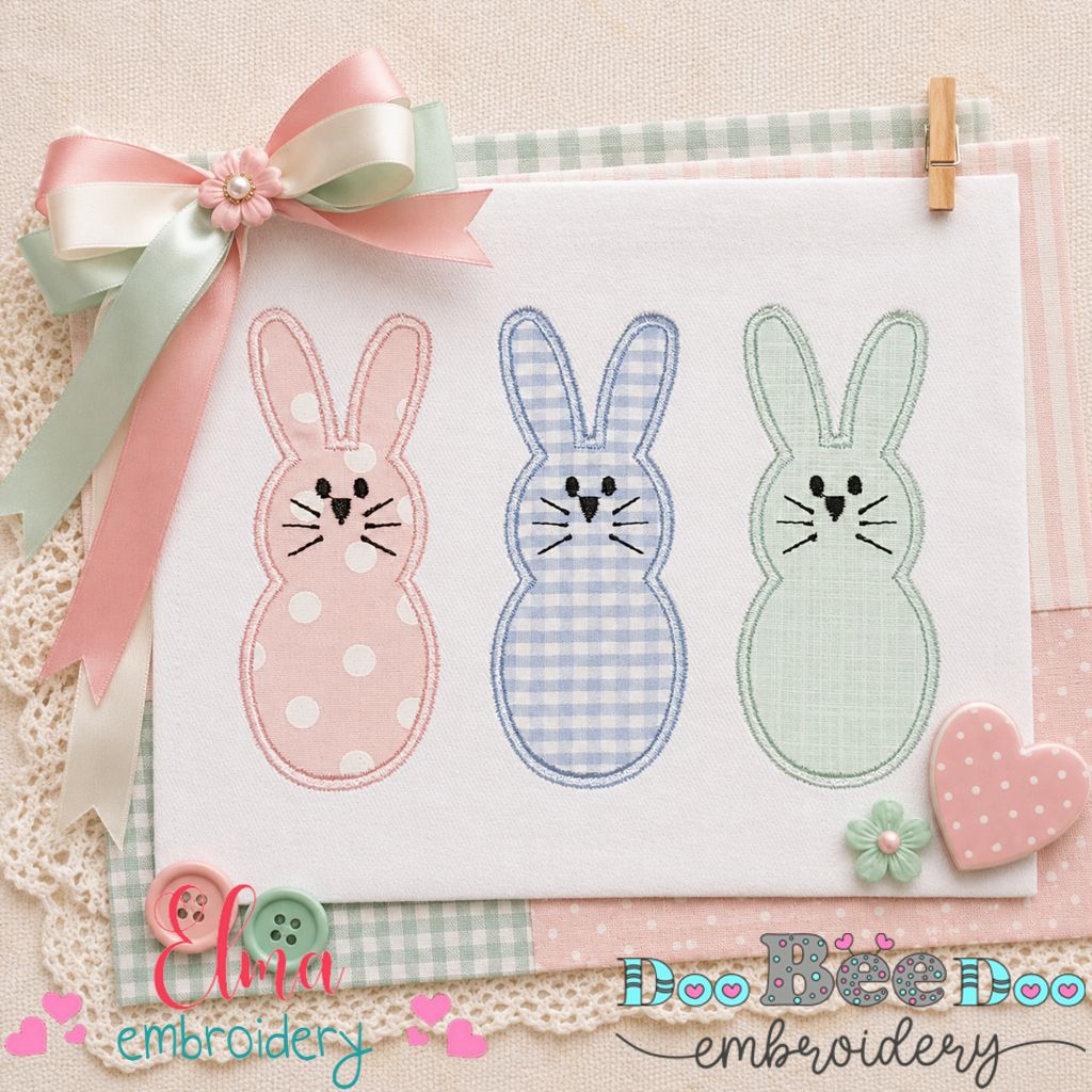 Pastel Bunny Trio - Applique - Machine Embroidery Design