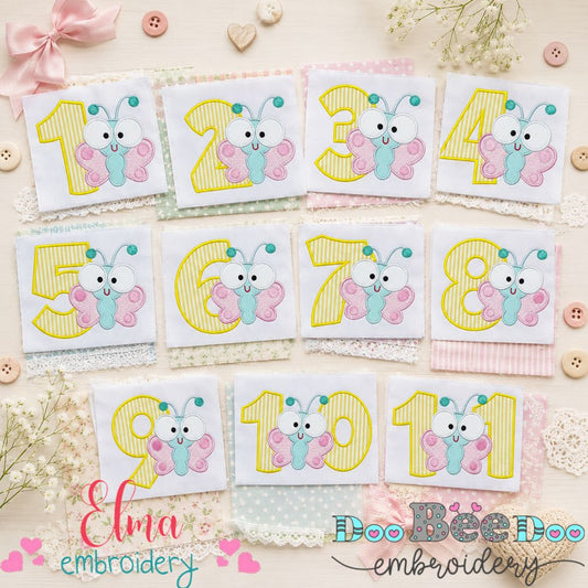 Fluttering Birthday Numbers 1–11 - Appliqué - Machine Embroidery Design