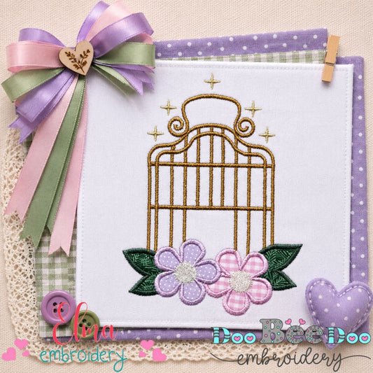 Vintage Bird Cage Flowers - Appliqué - Machine Embroidery Design