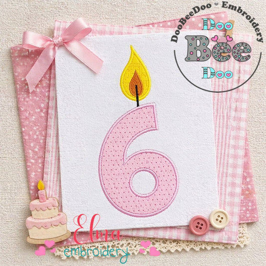 Number 6 Birthday Candle - Appliqué - Machine Embroidery Design