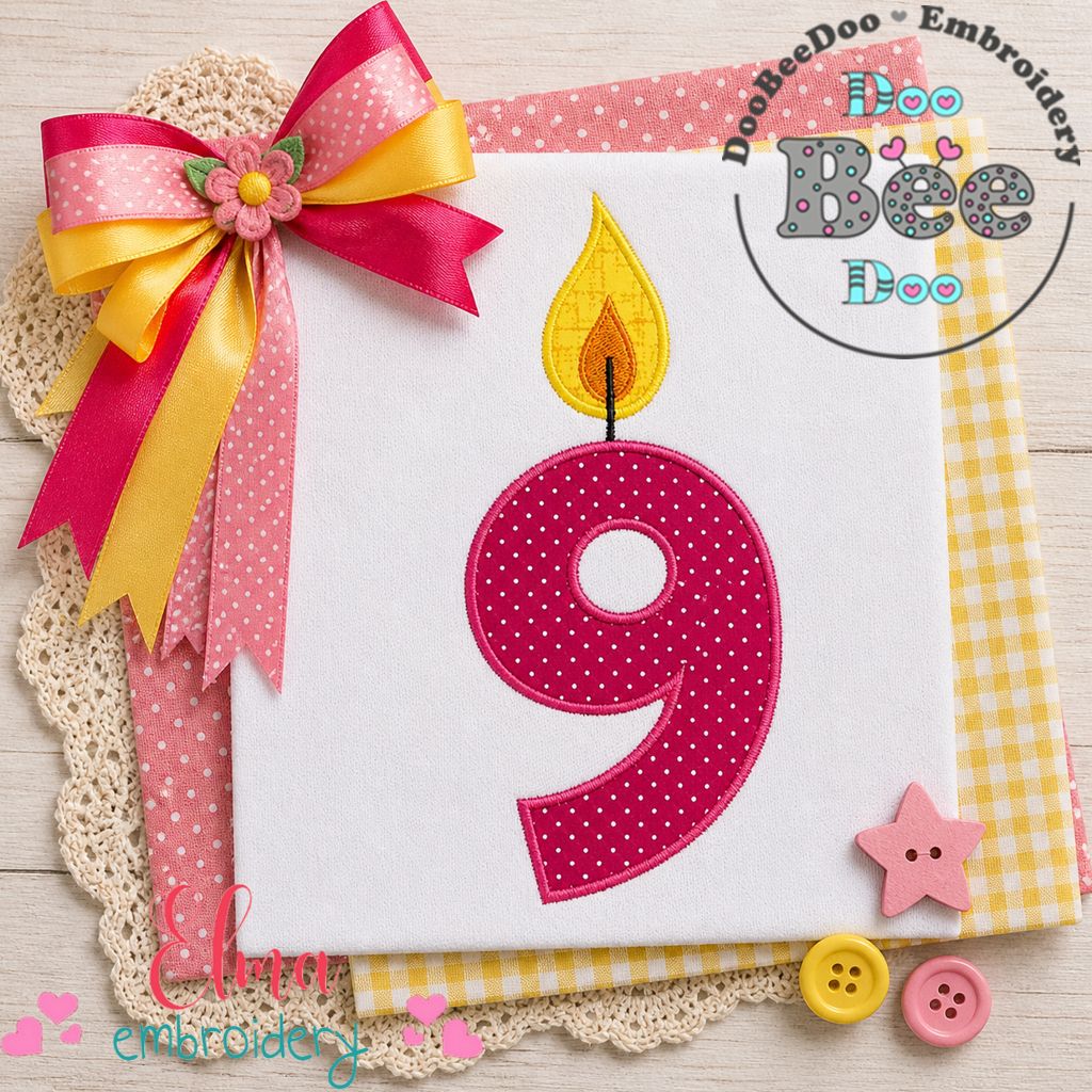 Sweet Birthday Candle Number 9 - Appliqué – Machine Embroidery Design