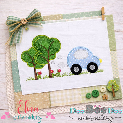 Sweet Little Car and Trees Scene - Appliqué – Machine Embroidery Design