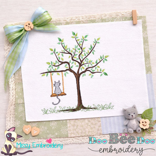 Cat on Swing Tree - Fill Stitch – Machine Embroidery Design