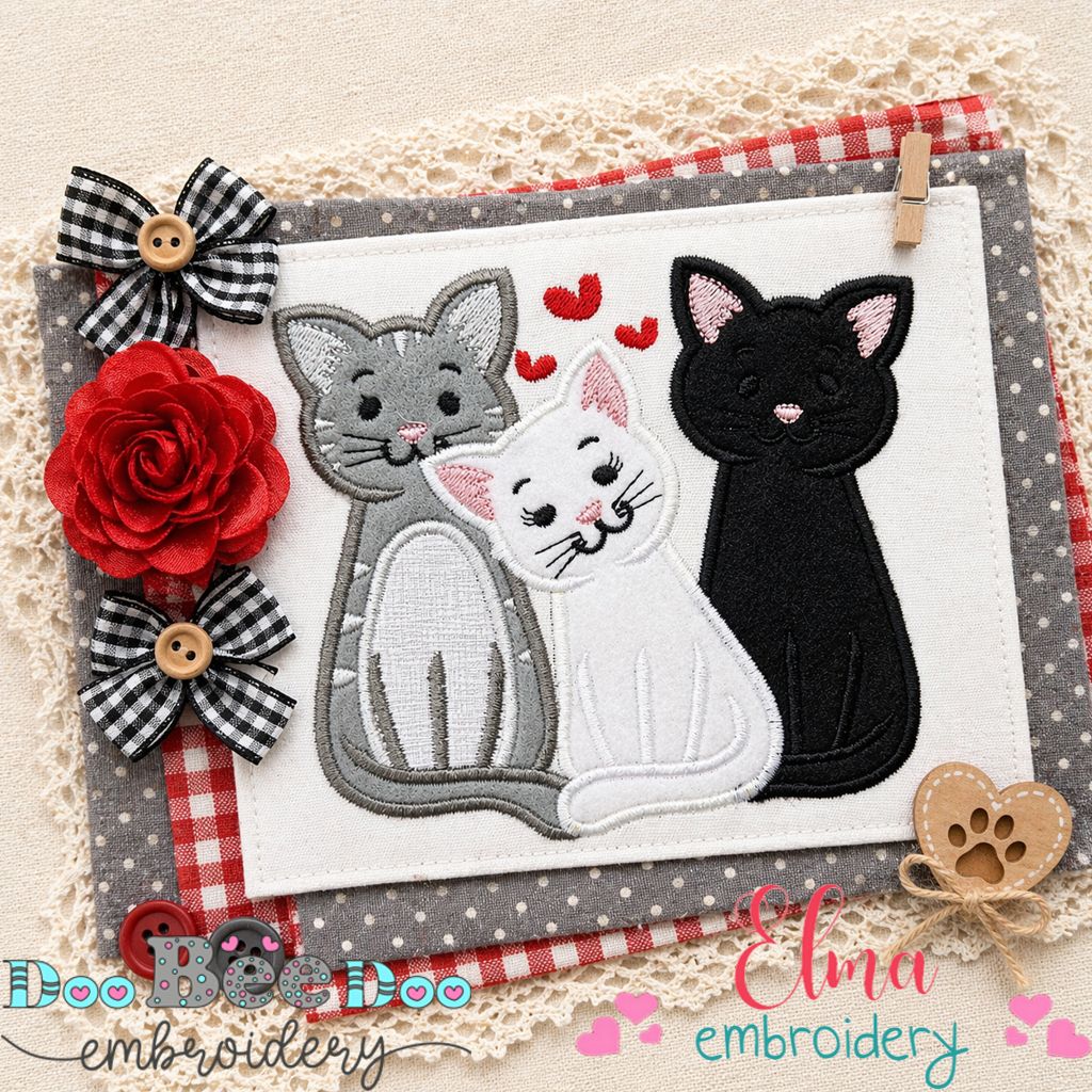 Sweet Trio Kitty Cuddle – Appliqué – Machine Embroidery Design