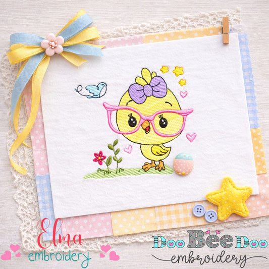 Cute Chick with Glasses – Sketch Stitch – Machine Embroidery Design