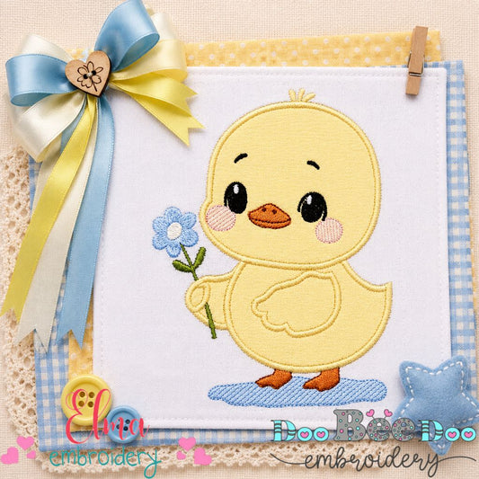 Sweet Baby Chick with Flower - Appliqué - Machine Embroidery Design