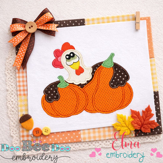 Silly Chicken with Pumpkins - Appliqué - Machine Embroidery Design