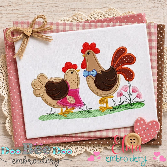 Cute Chicken Farm Duo - Appliqué - Machine Embroidery Design