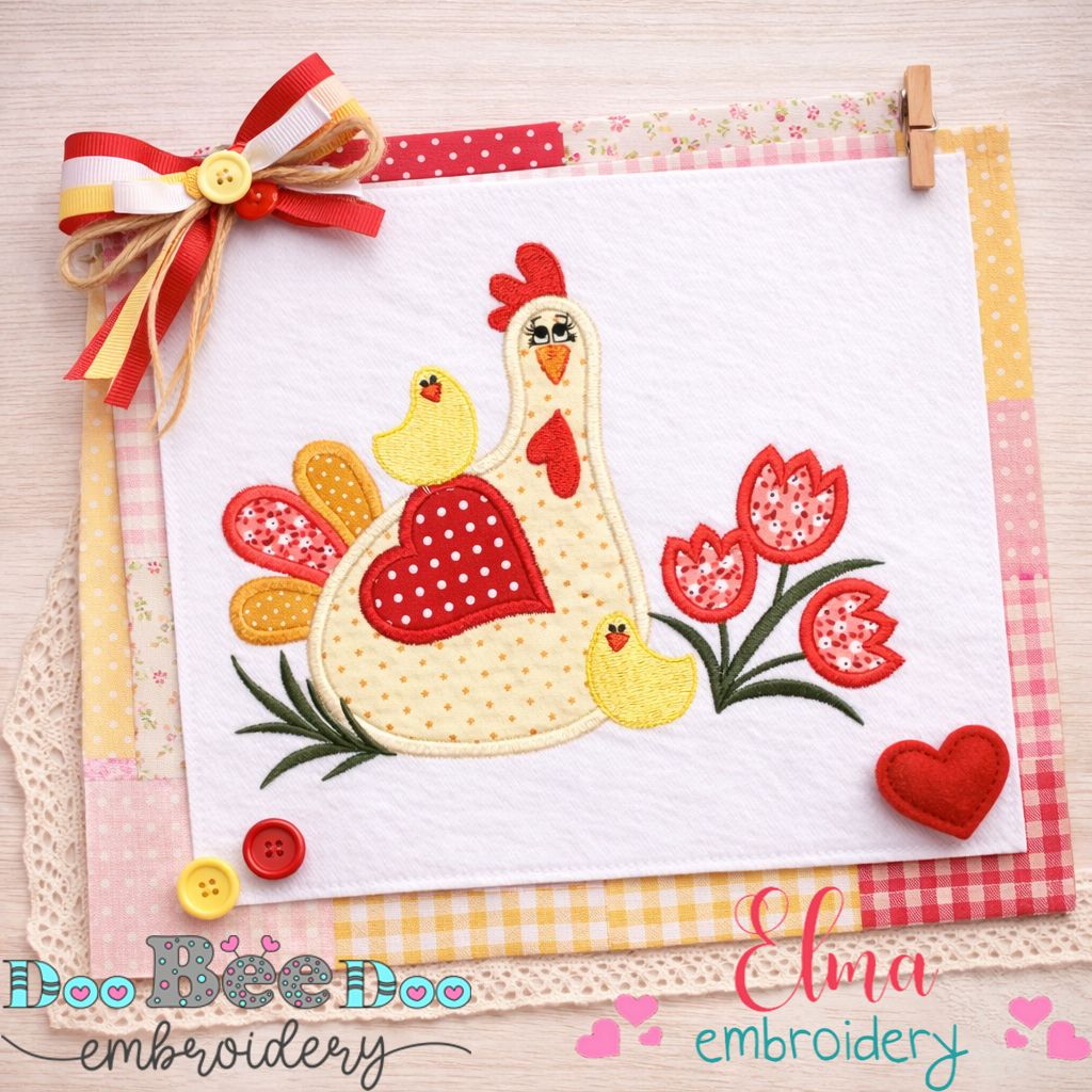 Sweet Farm Chicken with Chicks – Appliqué – Machine Embroidery Design