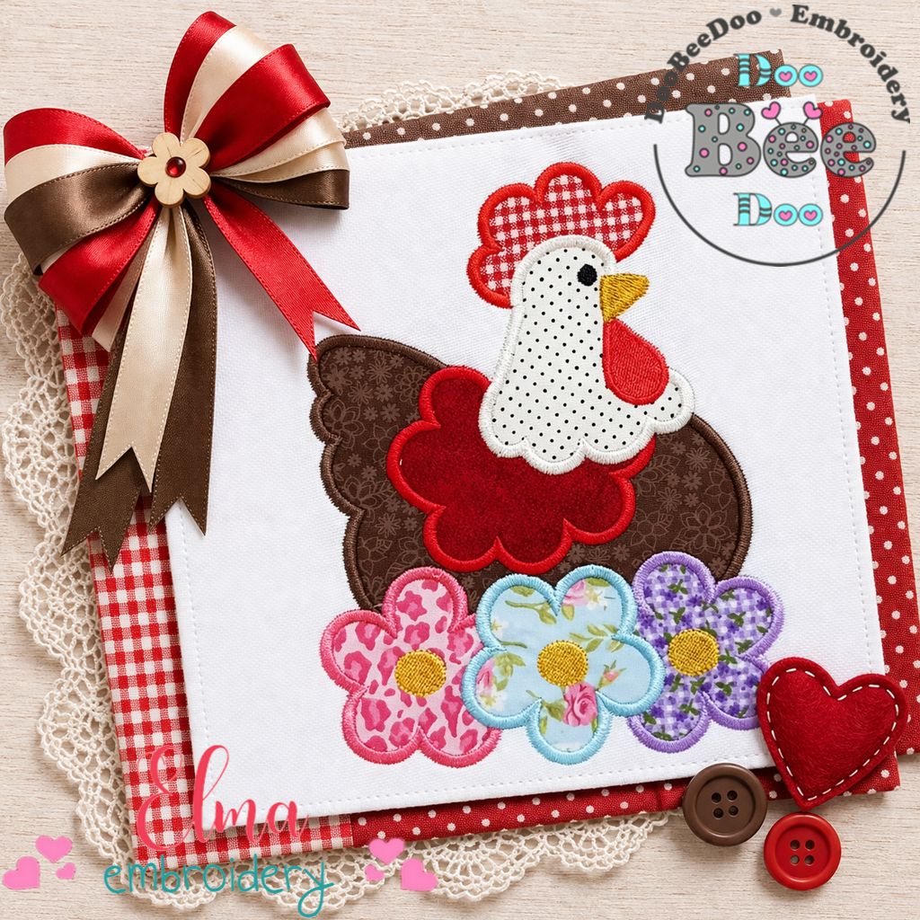 Sweet Farm Chicken with Flowers – Appliqué – Machine Embroidery Design