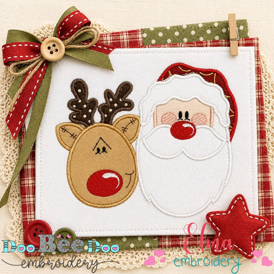 Cute Santa and Reindeer Faces – Appliqué - Machine Embroidery Design