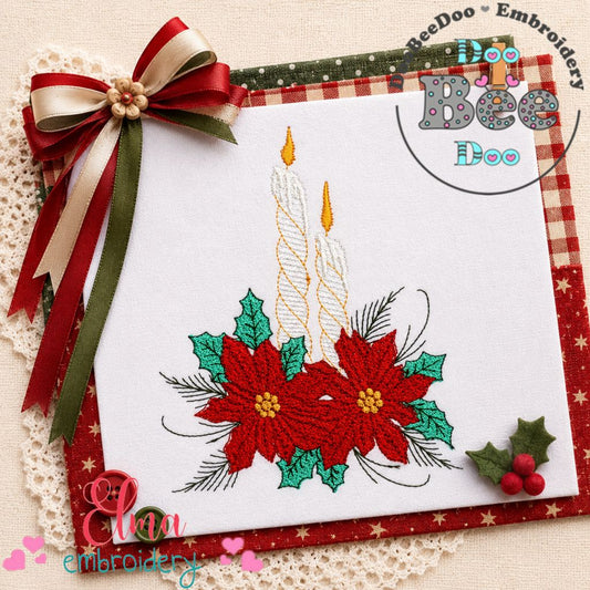 Christmas Candle Poinsettia Arrangement - Fill Stitch – Machine Embroidery Design