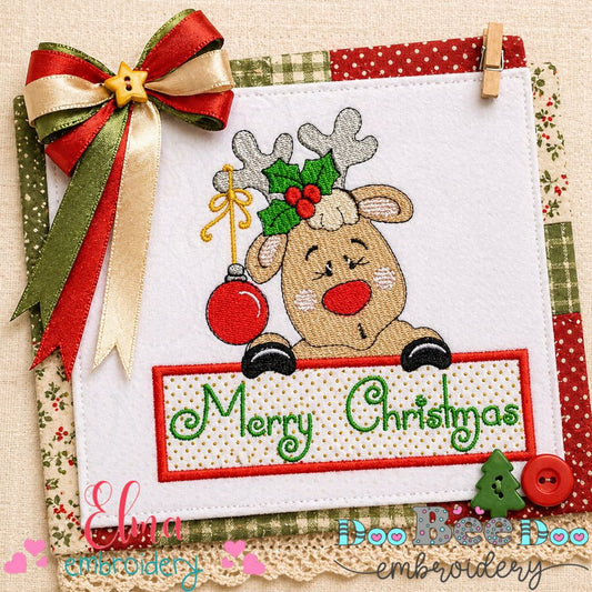 Sweet Reindeer Merry Christmas Sign - Appliqué – Machine Embroidery Design