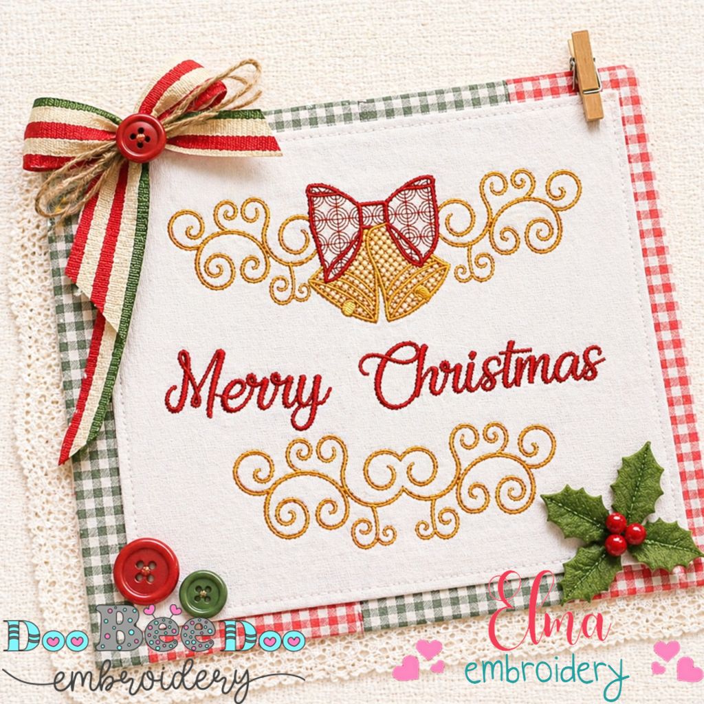 Elegant Merry Christmas Bells – Satin Stitch - Machine Embroidery Design