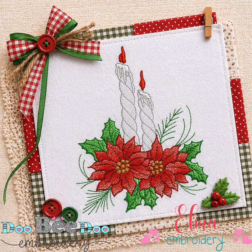 Elegant Christmas Candle Poinsettia – Sketch Stitch - Machine Embroidery Design