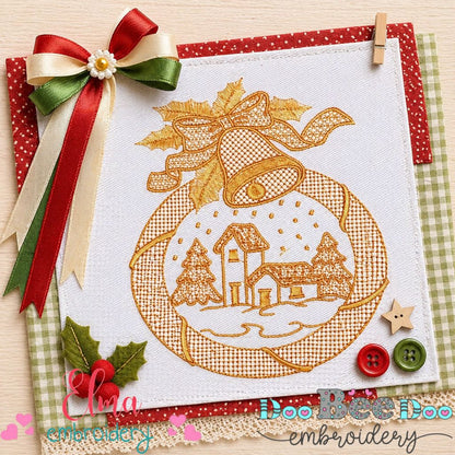 Elegant Christmas Village Ornament with Bells - Satin Stitch – Machine Embroidery Design