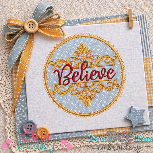 Elegant Believe Frame Ornament – Appliqué – Machine Embroidery Design