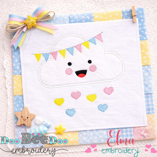 Happy Cloud with Hearts and Bunting - Appliqué - Machine Embroidery Design
