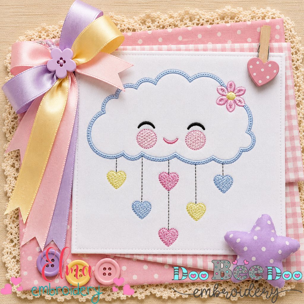Sweet Rain Cloud Hearts - Appliqué - Machine Embroidery Design
