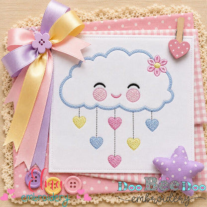 Sweet Rain Cloud Hearts - Appliqué - Machine Embroidery Design