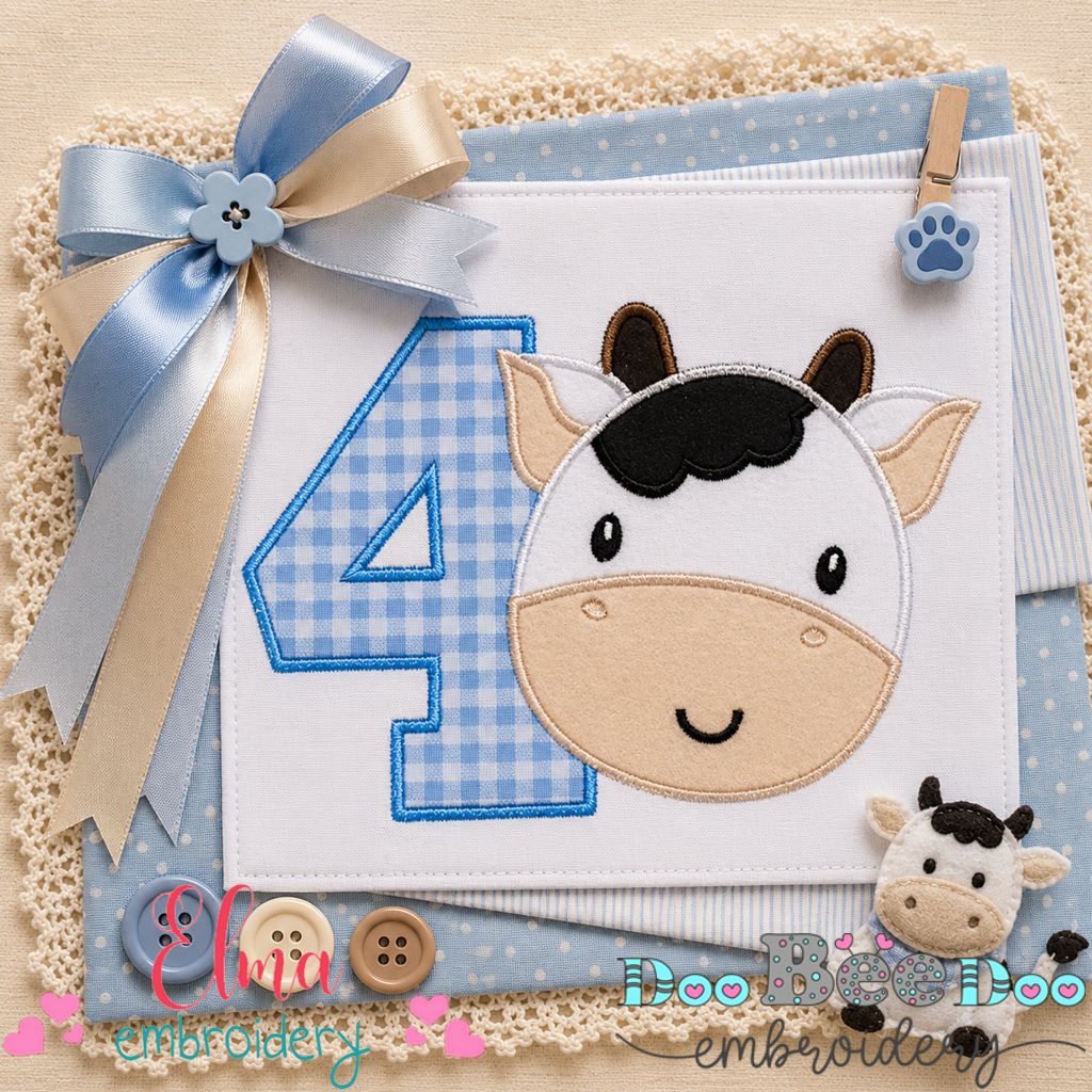 Farmyard Number Four Cow - Appliqué - Machine Embroidery Design