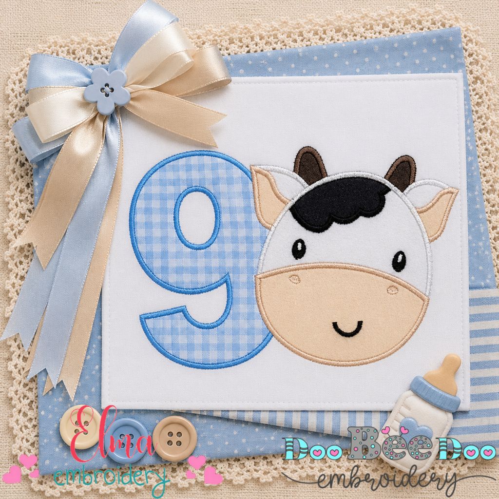 Farmyard Number Nine Cow - Appliqué - Machine Embroidery Design