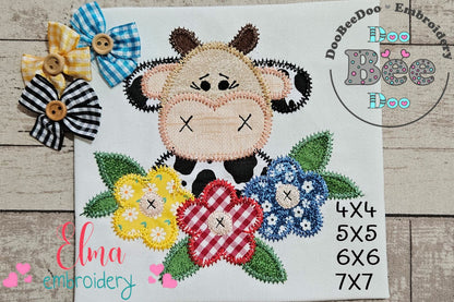 Cow With Flowers – Zigzag Applique – Machine Embroidery Design