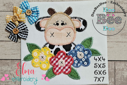Cow With Flowers – Zigzag Applique – Machine Embroidery Design