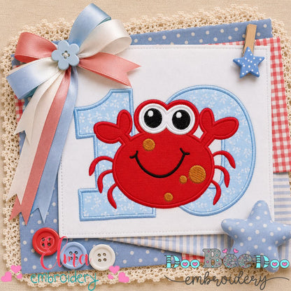 Happy Crab Number Ten - Applique - Machine Embroidery Design