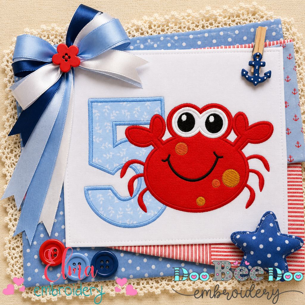 Happy Crab Number Five - Applique - Machine Embroidery Design