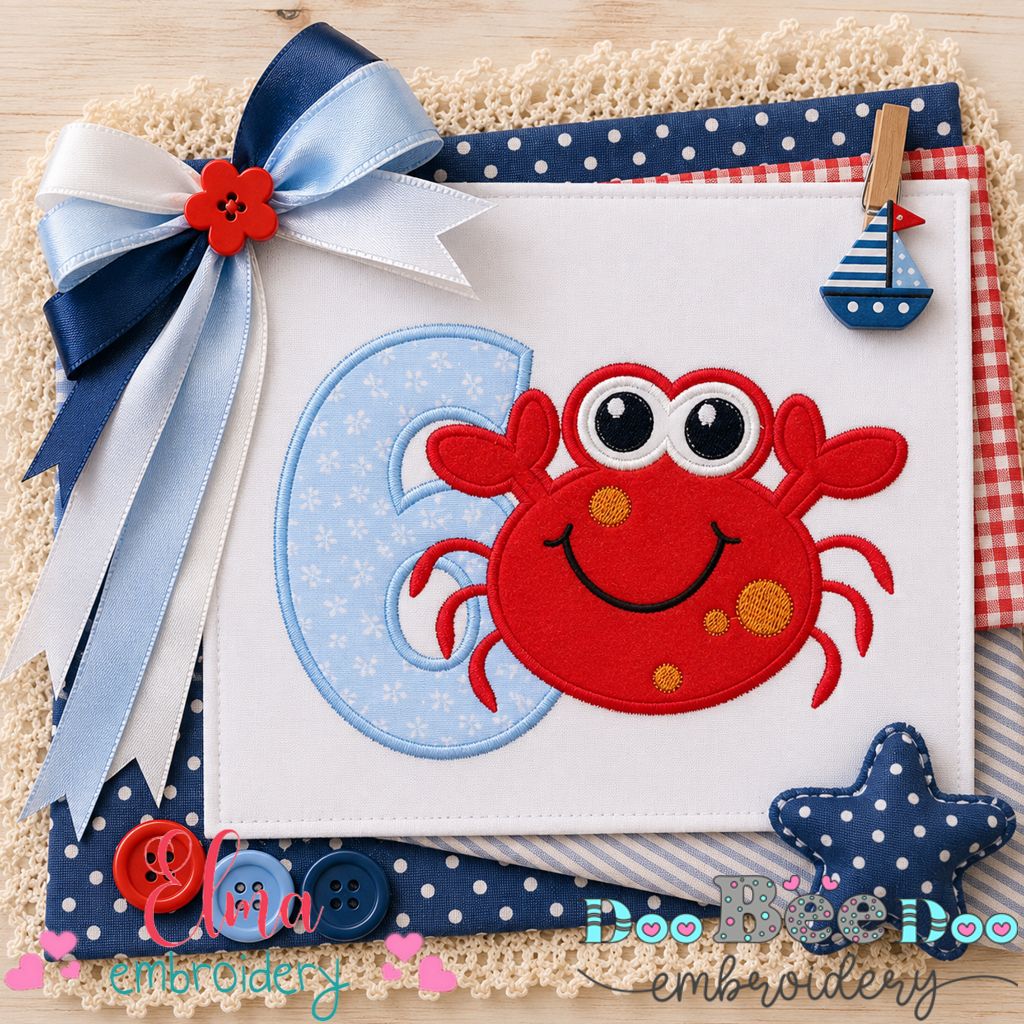 Happy Crab Number Six - Applique - Machine Embroidery Design