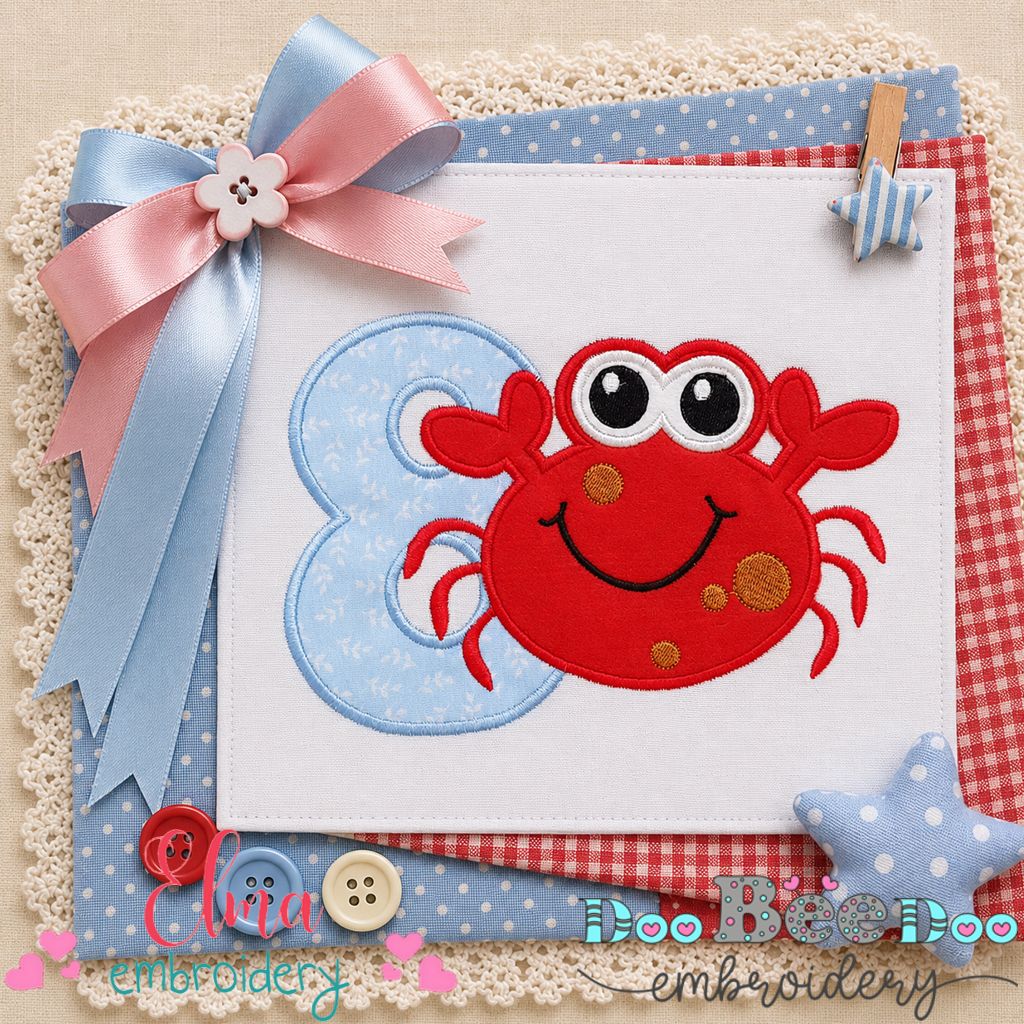 Happy Crab Number Eight - Applique - Machine Embroidery Design